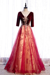 Prom Dress Styling Hair, Burgundy V-Neck Velvet Tulle Long Prom Dress, A-Line 1/2 Sleeve Evening Dress