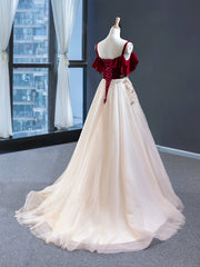 Formal Dresses Shops, Burgundy Velvet Lace Long Prom Dress, A-Line Off Shoulder Evening Dress