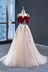 Formal Dresses On Sale, Burgundy Velvet Lace Long Prom Dress, A-Line Off Shoulder Evening Dress