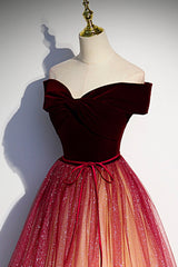 Reception Dress, Burgundy Velvet Long A-Line Formal Dress, Off the Shoulder Evening Party Dress