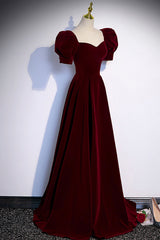 Formal Dresses Cocktail, Burgundy Velvet Long A-Line Prom Dress, Simple Short Sleeve Party Dress