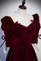 Graduation Outfit Ideas, Burgundy Velvet Long Evening Party Dress, A-Line Short Sleeve Prom Dress