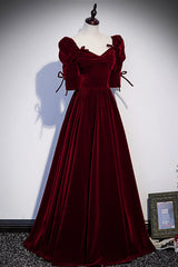 Ball Gown, Burgundy Velvet Long Evening Party Dress, A-Line Short Sleeve Prom Dress