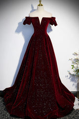 Bridesmaid Dresses Color Palette, Burgundy Velvet Long Prom Dress, A-Line Off the Shoulder Evening Dress
