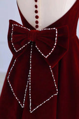 Party Dresses Shorts, Burgundy Velvet Tea Length Prom Dress, A-Line Party Dress with Bow