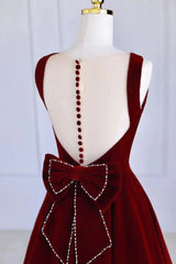 Party Dress Classy, Burgundy Velvet Tea Length Prom Dress, A-Line Party Dress with Bow