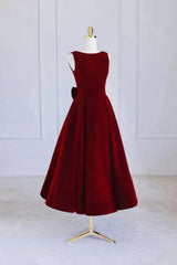 Party Dresses Outfit, Burgundy Velvet Tea Length Prom Dress, A-Line Party Dress with Bow