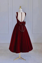 Party Dress Styling Ideas, Burgundy Velvet Tea Length Prom Dress, A-Line Party Dress with Bow