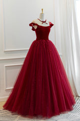 Prom Dress Silk, Burgundy Velvet Tulle Floor Length Prom Dress, Lovely Evening Party Dress