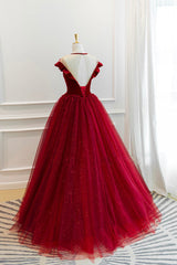 Prom Dresses Long Open Back, Burgundy Velvet Tulle Floor Length Prom Dress, Lovely Evening Party Dress
