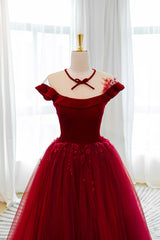 Prom Dress Long Open Back, Burgundy Velvet Tulle Floor Length Prom Dress, Lovely Evening Party Dress