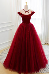 Prom Dresses Outfits Fall Casual, Burgundy Velvet Tulle Floor Length Prom Dress, Lovely Evening Party Dress