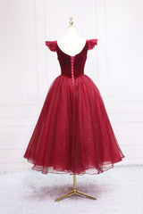 Fashion Dress, Burgundy Velvet Tulle Tea Length Prom Dress, Cute A-Line Party Dress