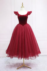 Wedding Pictures Ideas, Burgundy Velvet Tulle Tea Length Prom Dress, Cute A-Line Party Dress