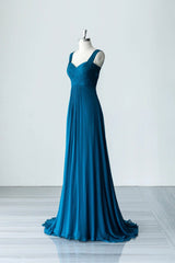 Bridesmaid Dresses Peach, Blue Chiffon Long A-Line Prom Dress, A-Line Evening Dress Party Dress