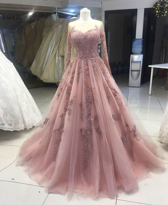 Party Dresses Ladies, pink tulle lace prom dress long sleeve evening dress