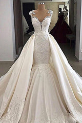 Wedding Dress Under 1003, Cap sleeves White Mermaid 2 in 1 Wedding Dresses with Overskirt