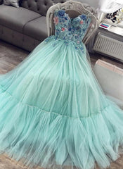 Prom Dress Black, A Line Mint Green Sweetheart Tulle Appliques Long Prom Dresses