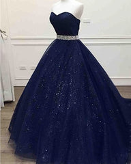 Homecoming Dresses Unique, Ong Navy Blue Sparkle Sweetheart Tulle Prom Dress, With Beading Belt