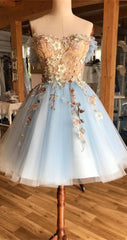 Prom Dress Size 21, A Line Off The Shoulder Above Knee Light Blue Homecoming Dress, With Appliques