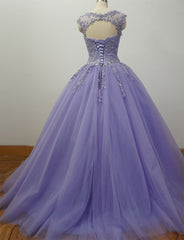 Prom Dress Prom Dress, Gorgeous Cap Sleeves Lavender Ball Gown Quinceanera Dresses, Lace Appliqued Beading Bling Bling Sweet 16 Dress, Debutante Gown Prom Dresses