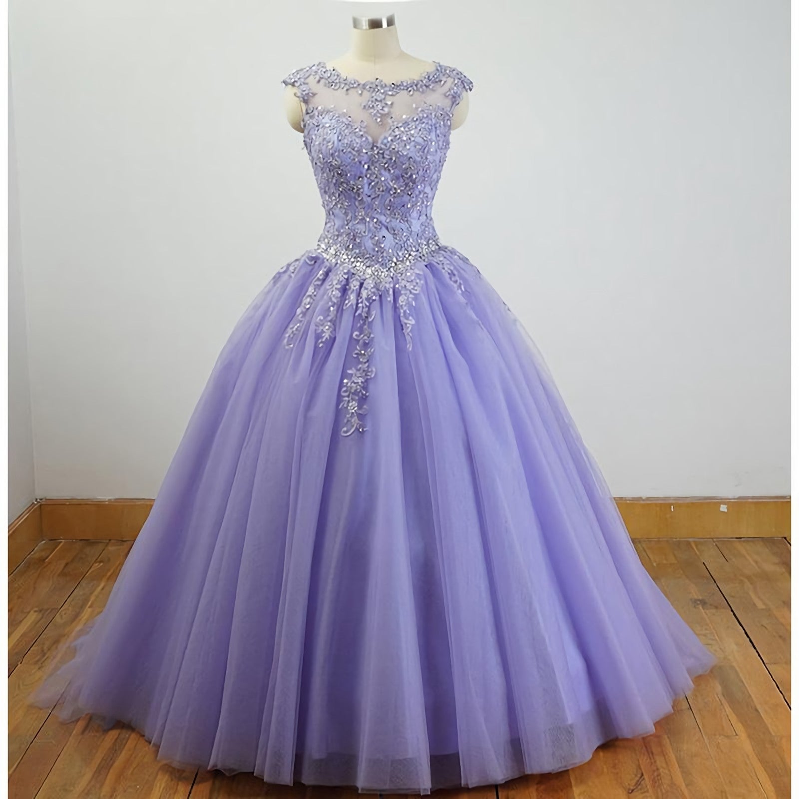 Prom Dress Shop, Gorgeous Cap Sleeves Lavender Ball Gown Quinceanera Dresses, Lace Appliqued Beading Bling Bling Sweet 16 Dress, Debutante Gown Prom Dresses