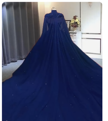 Prom Dresses Under 207, Elegant Lace Embroidery Tulle Beaded Quinceanera Dresses, Navy Blue Ball Gown Prom Dress, With Cape