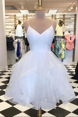 Prom Dresses Ballgown, White Tulle Layered V Neck Short Homecoming Dress, White A Line Party Dress