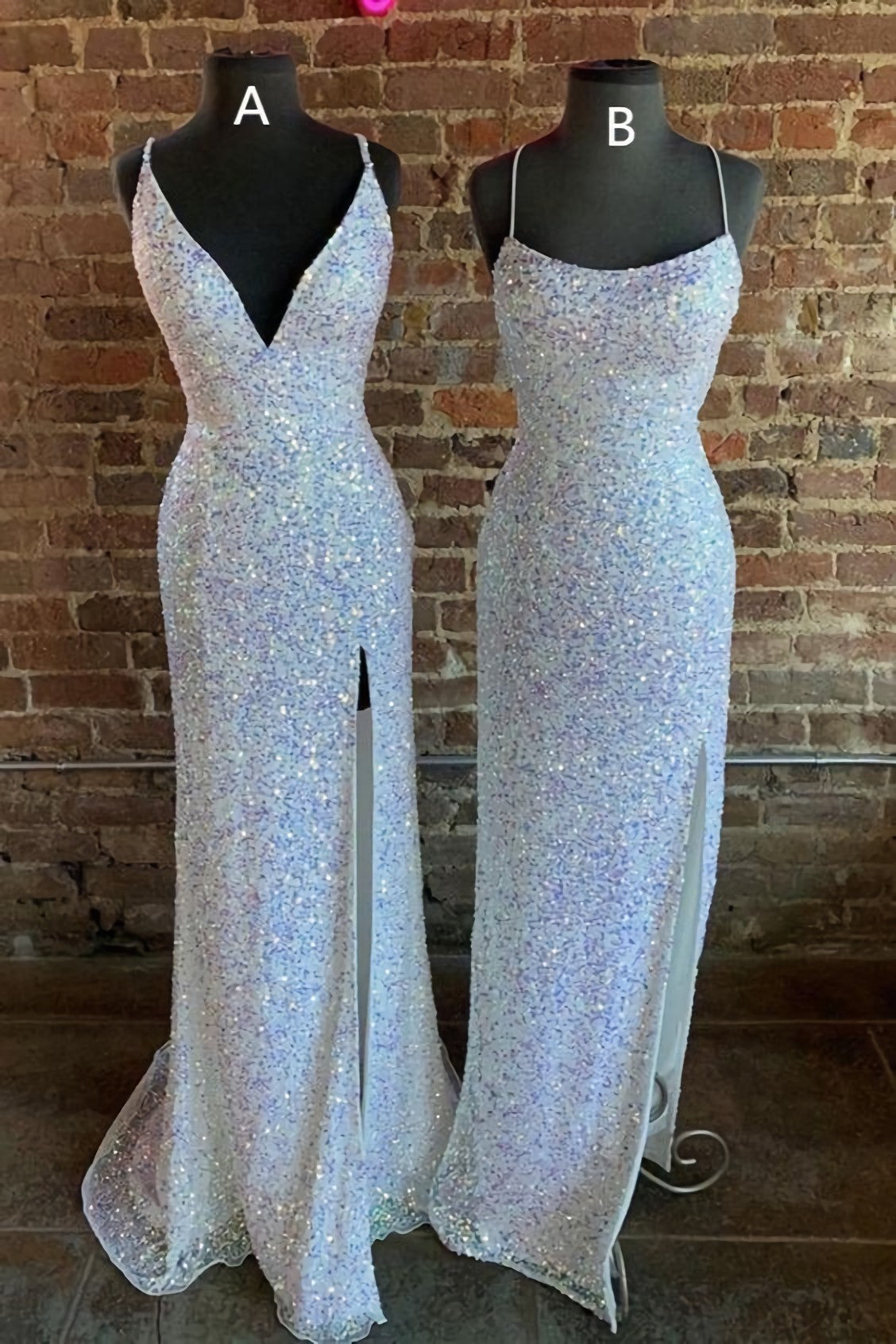 Homecoming Dresses Tight, Gorgeous Mermaid White Sequined Long Prom Dresses, Formal Dresses, With Side Slit