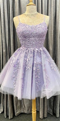 Prom Dresses With Short, Princess Short Lavender A Line Lace Appliqued Homecoming Dress, Party Dress