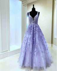 Evening Dress Classy, Gorgeous V Neck Embroidery Lavender Long Prom Dress