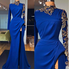 Prom Dresses For Teens, Royal Blue Mermaid Prom Dresses, High Neck Long Sleeves Side Split Gold Appliques Evening Gowns