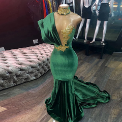 Dark Green Velvet Mermaid Evening Dress with Gold Lace appliques – Ballbella