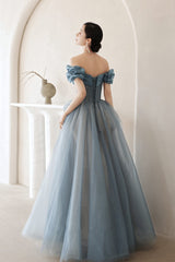 Homecoming Dress Shops, Blue Tulle Long A Line Prom Dress, Off Shoulder Evening Dress