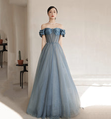 Homecoming Dress Shopping, Blue Tulle Long A Line Prom Dress, Off Shoulder Evening Dress