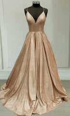 Homecoming Dresses Laces, Sparkly Prom Dresses, Champagne Gold Ball Gown V Neck With Multi Straps