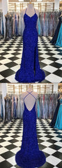 Homecoming Dress Tight, Trumpet Mermaid Royal Blue Long Prom Dresses, Spaghetti Straps Beading Evening Gowns