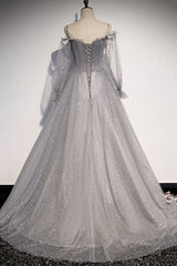 Red Gown, Gray Tulle Sequins Long A Line Prom Dress, Evening Dress