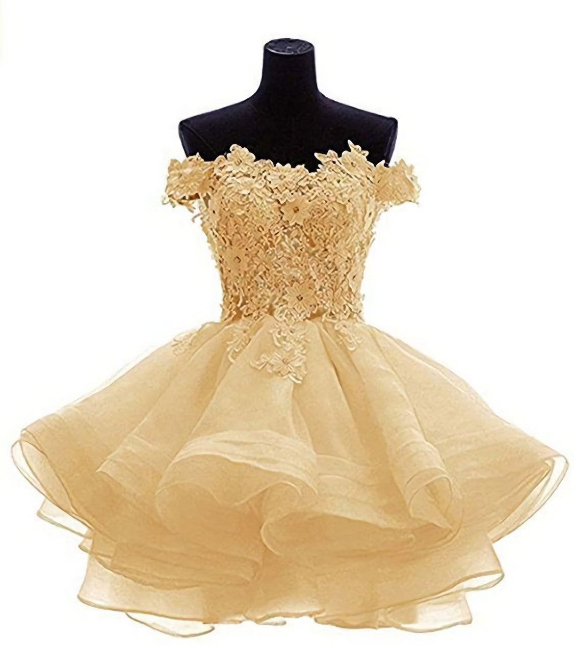 Prom Dress Princess Style, Elegant Yellow Appliques Tulle Dress, Ruffles Off Shoulder Short Homecoming Dress