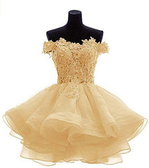 Prom Dress Princess Style, Elegant Yellow Appliques Tulle Dress, Ruffles Off Shoulder Short Homecoming Dress