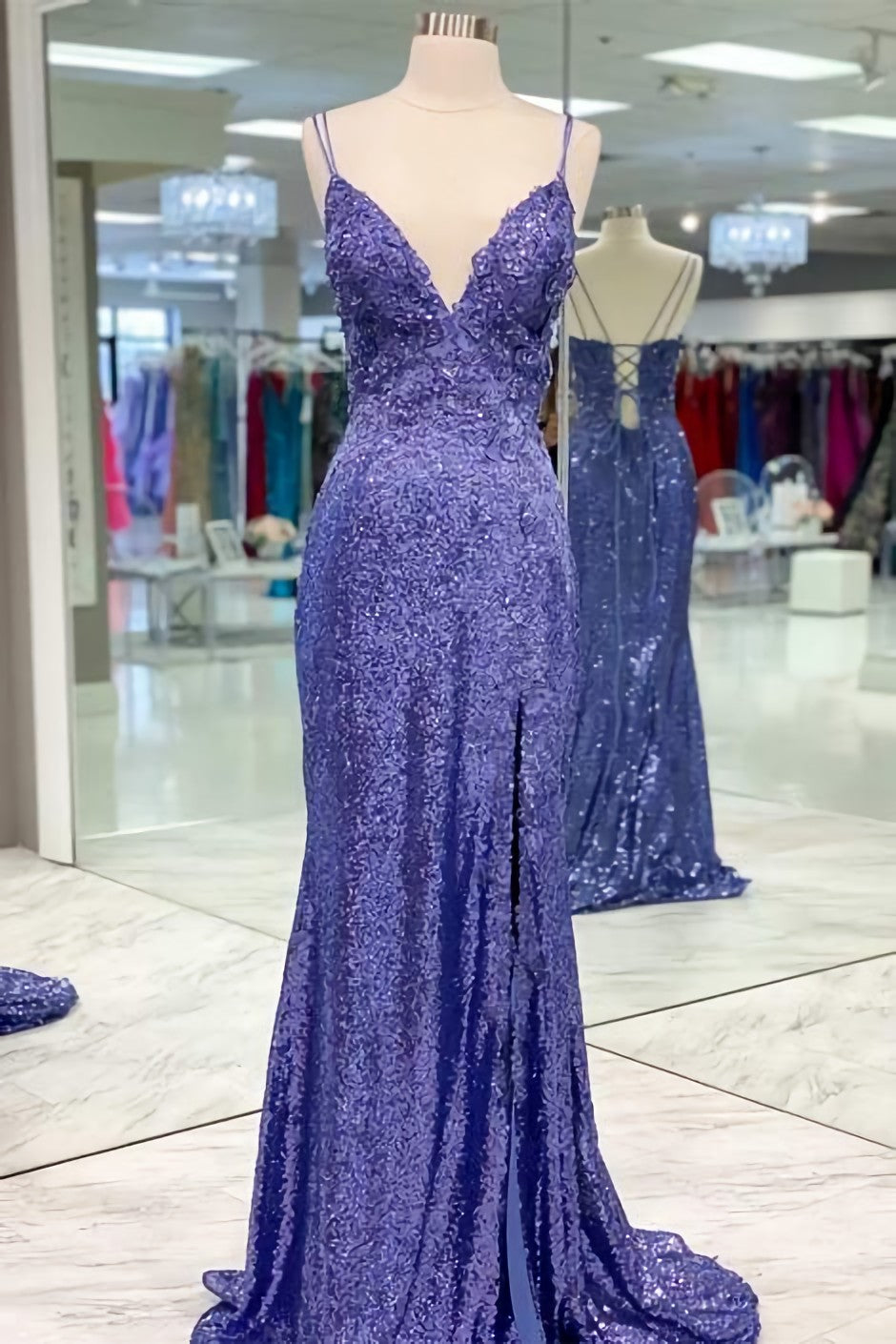 Evenning Dresses Long, Tight Purple Sequined Long Prom Dress, With Slit