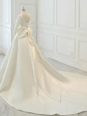 Wedding Dresses Colorful, White Satin Backless 3/4 Sleeve Wedding Dress, Party Prom Dresses
