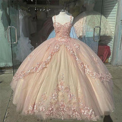 Homecomming Dress With Sleeves, Pink Sparkly Quinceanera Prom Dresses, Lace Flower Sweet 16 Tulle Party Ball Gown