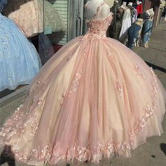 Homecoming Dress Bodycon, Pink Sparkly Quinceanera Prom Dresses, Lace Flower Sweet 16 Tulle Party Ball Gown