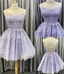 Prom Dresses Chiffon, Purple Tulle Lace Short A Line Homecoming Dress, Evening Dress