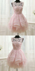 Prom Dresses Prom Dresses, Pink Appliques Organza Tiered Short Homecoming Dress, Simple Homecoming Dresses
