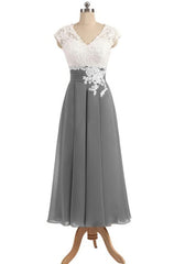 Prom Dress Sale, Ankle Length V Neck Cap Sleeves Silver Gray Mother Of The Bride Dresses, Prom Dress, With Appliques