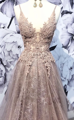 Homecomming Dresses Fitted, Champagne V Neck Tulle Lace Long Prom Dress, Champagne Tulle Evening Dress