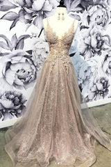 Homecoming Dresses Fitted, Champagne V Neck Tulle Lace Long Prom Dress, Champagne Tulle Evening Dress