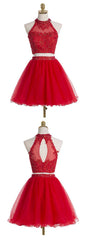 Prom Dress Tulle, Two Piece Scoop Short Red Organza Beaded Homecoming Dress, With Appliques Sequins